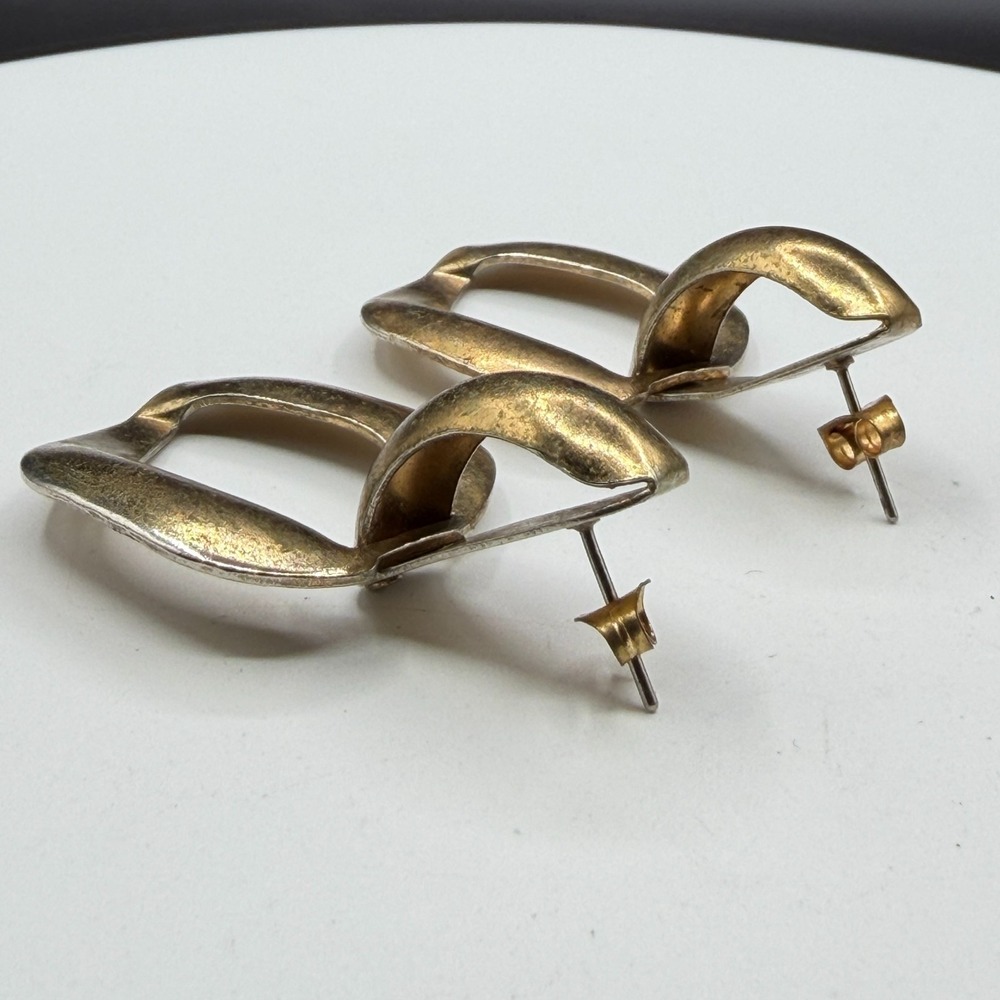 Gold Tone Geometric Door Knocker Dangle Earrings Chunky Statement Pierced Pair - Picture 7 of 13